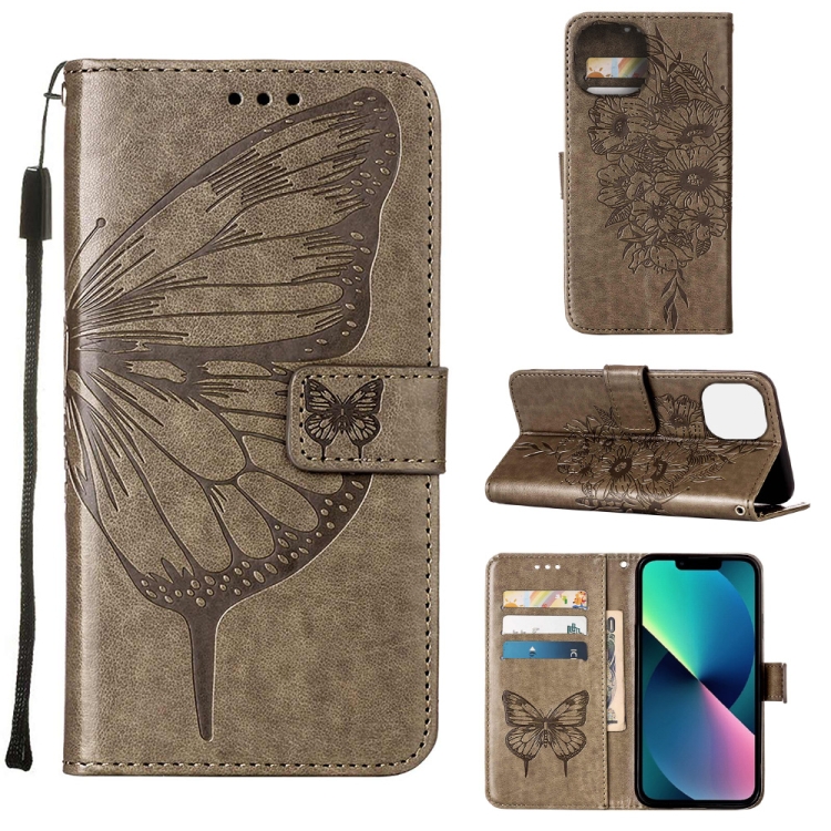 

For iPhone 14 Embossed Butterfly Leather Phone Case (Grey)