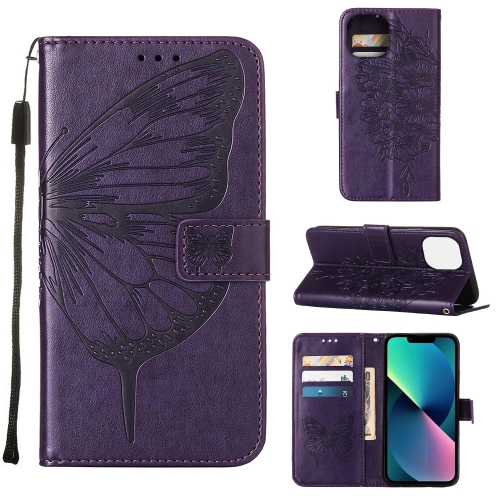 

For iPhone 14 Embossed Butterfly Leather Phone Case (Dark Purple)