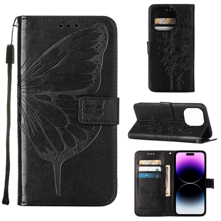 

For iPhone 14 Pro Embossed Butterfly Leather Phone Case (Black)
