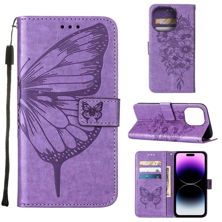 

For iPhone 14 Pro Max Embossed Butterfly Leather Phone Case (Light Purple)