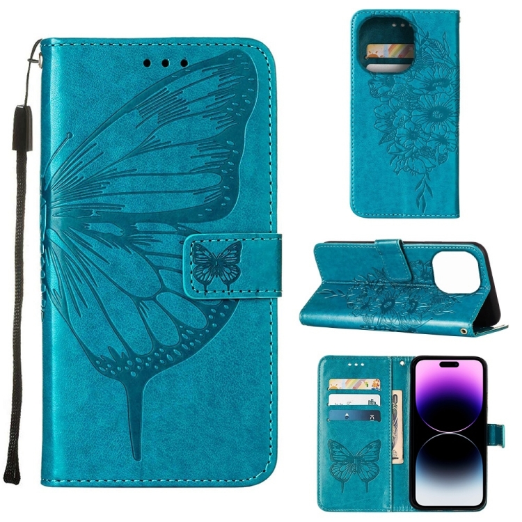 

For iPhone 14 Pro Max Embossed Butterfly Leather Phone Case (Blue)
