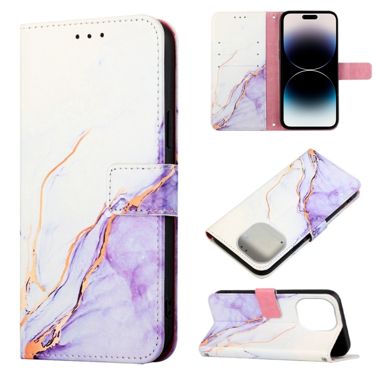 

For iPhone 14 Marble Pattern Flip Leather Phone Case Pro Pro Launching(White Purple LS006)