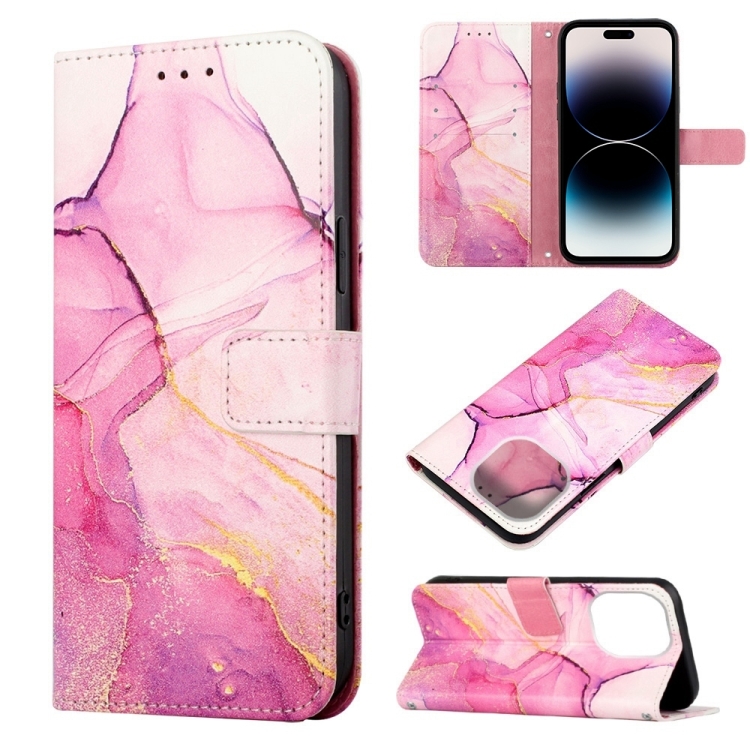 

For iPhone 14 Pro Marble Pattern Flip Leather Phone Case(Pink Purple Gold LS001)