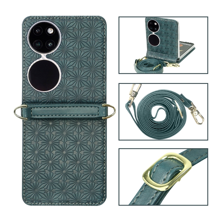 

For Huawei P50 Pocket Embossed Chain Folding Phone Case(Dark Green)