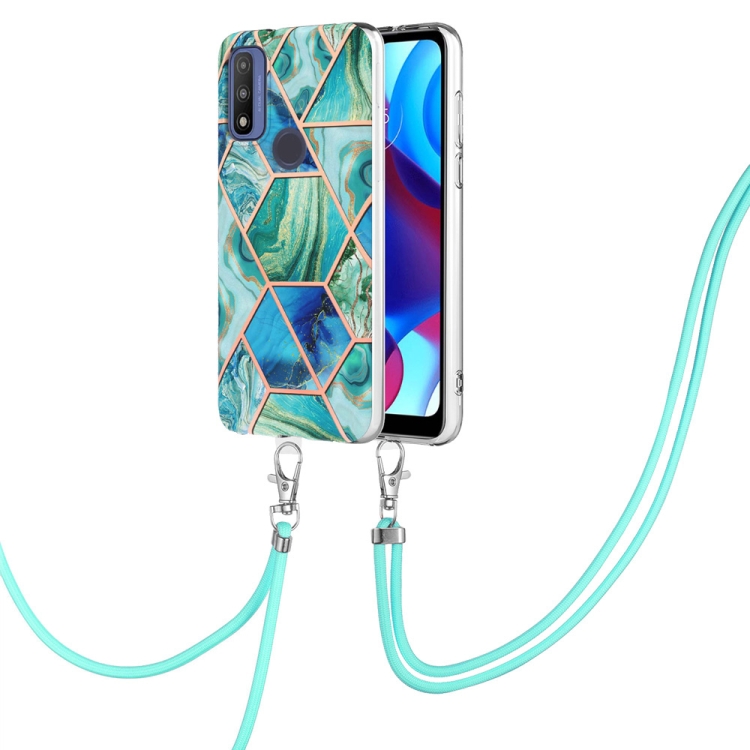 

For Motorola Moto G Power 2022/G Pure 2021 Electroplating Splicing Marble TPU Phone Case with Lanyard(Green)