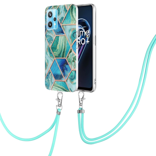 

For OPPO Realme 9 pro + 5G Electroplating Splicing Marble TPU Phone Case with Lanyard(Green)