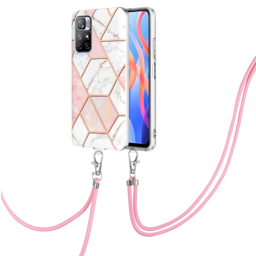 

For Xiaomi Redmi Note 11 5G/Poco M4 Pro 5G/Note 11T 5G India China Electroplating Splicing Marble TPU Phone Case with Lanyard(Pink White)