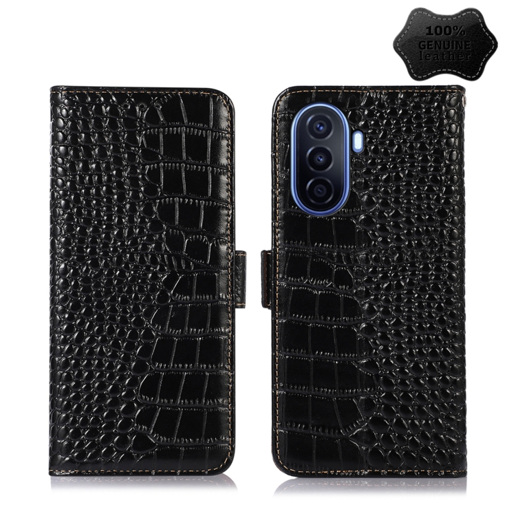 

For Huawei Enjoy 50 CN / nova Y70 Plus / Y70 4G CN Crocodile Top Layer Cowhide Leather Phone Case(Black)