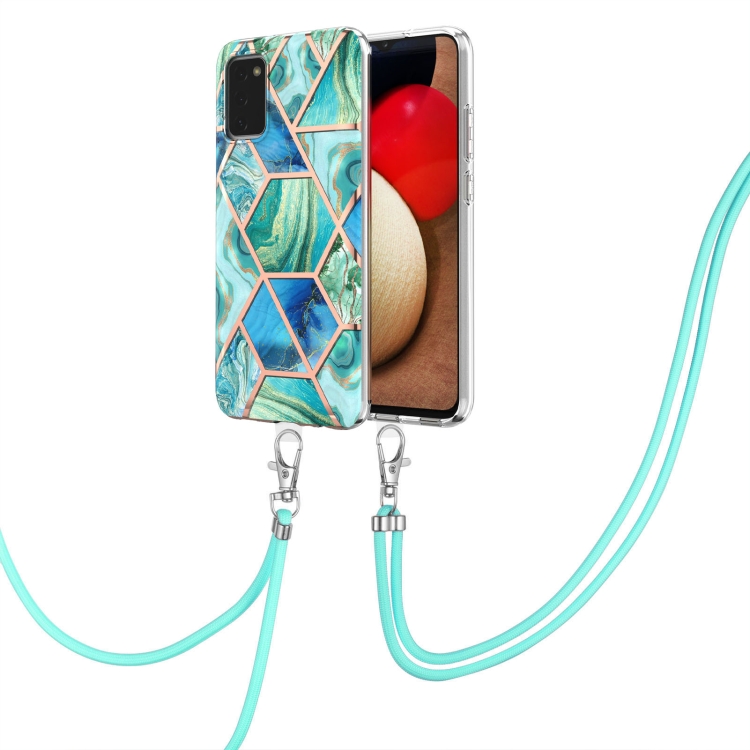 

For Samsung Galaxy A03s US Version Electroplating Splicing Marble TPU Phone Case with Lanyard(Blue)