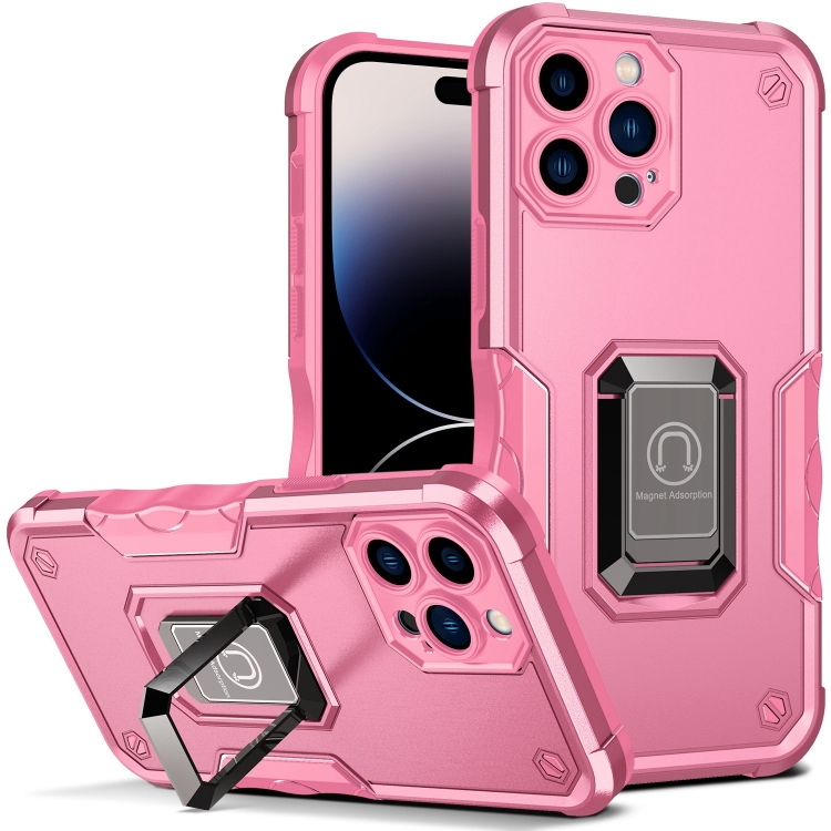 

For iPhone 14 Pro Ring Holder Non-slip Shockproof Armor Phone Case (Pink)