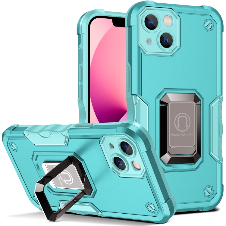 

For iPhone 14 Plus Ring Holder Non-slip Shockproof Armor Phone Case (Mint Green)