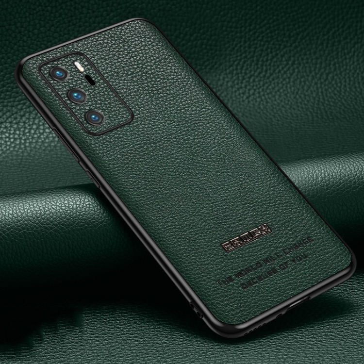 

For Huawei P40 Pasted Leather Litchi Texture TPU Phone Case(Dark Green)