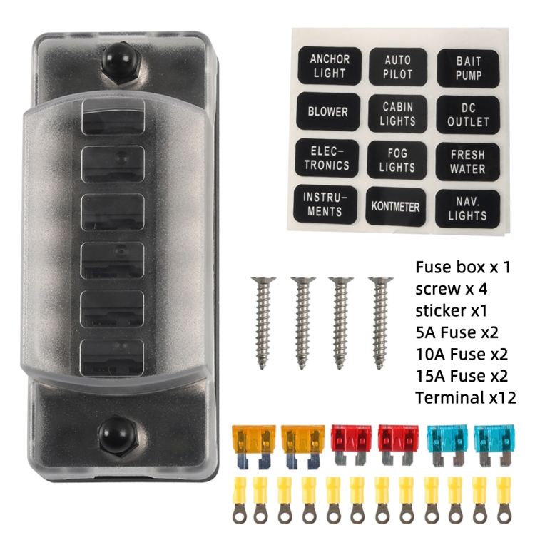

A5627 6 Way ATC Fuse Box Blade Fuse Holder Screw Terminals with Accessories for Auto Car Truck Boat