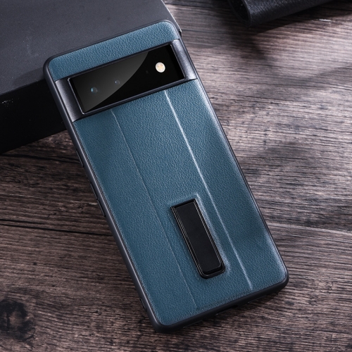 

For Google Pixel 6 Pro PC + Leather Texture Protective Phone Case with Metal Holder(Blue)