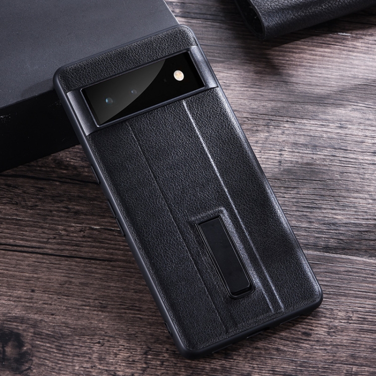 

For Google Pixel 7 PC + Leather Texture Protective Phone Case with Metal Holder(Black)