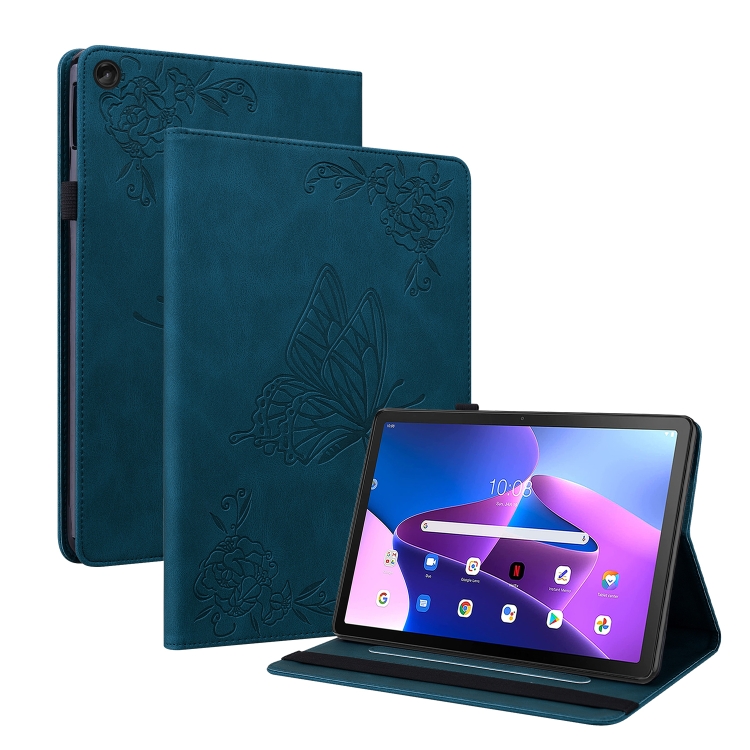 

For Lenovo Tab M10 10.1 3rd Gen Butterfly Flower Embossed Leather Tablet Case(Blue)