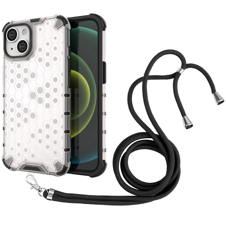 

For iPhone 14 Lanyard Honeycomb Phone Case (White)