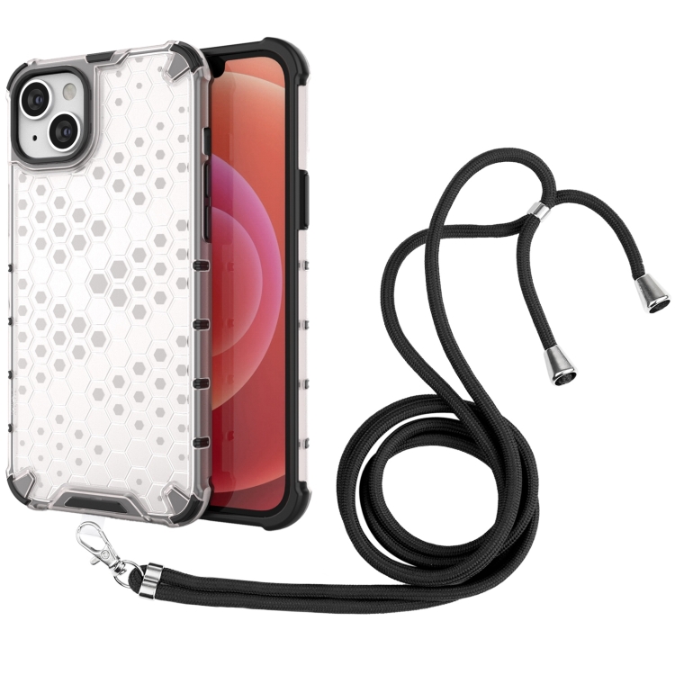 

For iPhone 14 Plus Lanyard Honeycomb Phone Case (White)