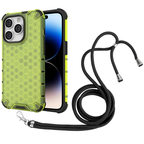 

Lanyard Honeycomb Phone Case For iPhone 14 Pro Max(Green)