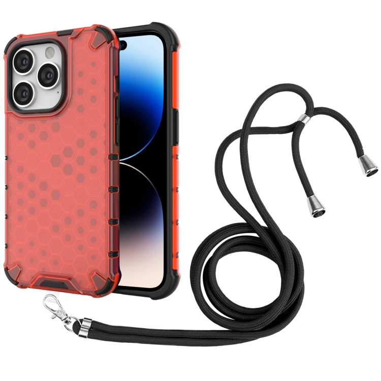 

Lanyard Honeycomb Phone Case For iPhone 14 Pro Max(Red)