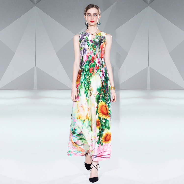 

V Neck Sleeveless Floral Print Maxi Dress, Size:XXL(Floral)
