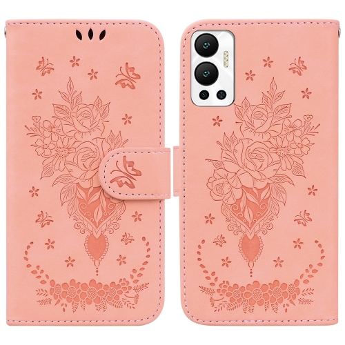 

For Infinix Hot 12 Butterfly Rose Embossed Leather Phone Case(Pink)