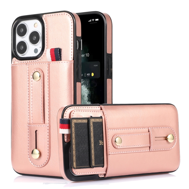 

Wristband Kickstand Wallet Leather Phone Case For iPhone 13 Pro(Rose Gold)