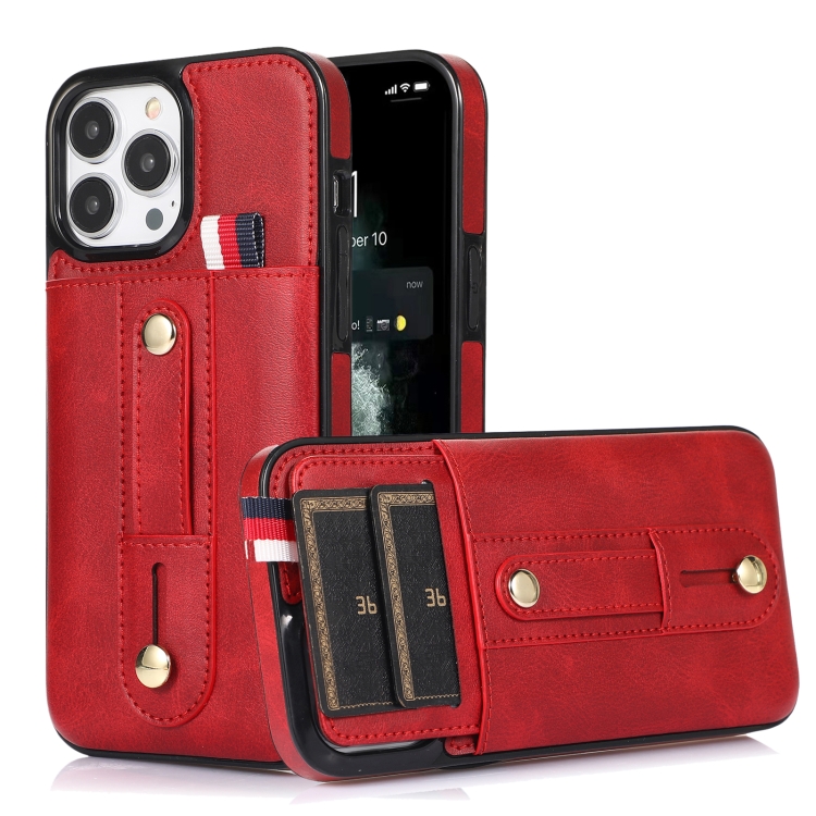 

Wristband Kickstand Wallet Leather Phone Case For iPhone 13 Pro Max(Red)
