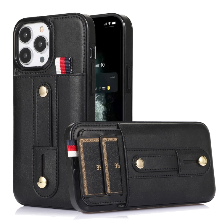 

For iPhone 11 Pro Wristband Kickstand Wallet Leather Phone Case (Black)