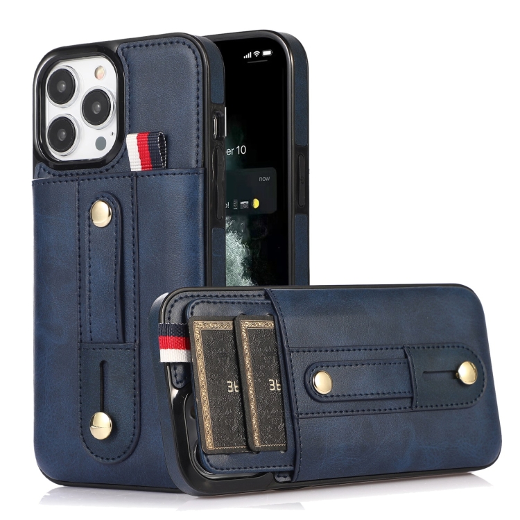 

For iPhone 11 Pro Max Wristband Kickstand Wallet Leather Phone Case (Blue)