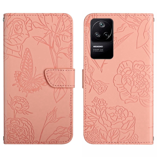 

For Xiaomi Poco F4 5G Skin Feel Butterfly Peony Embossed Leather Phone Case(Pink)