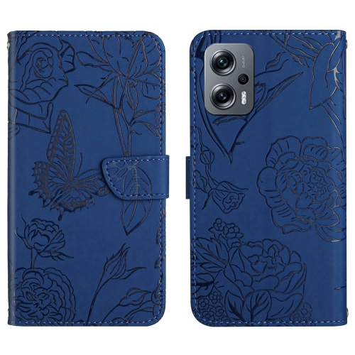 

For Xiaomi Poco X4 GT Skin Feel Butterfly Peony Embossed Leather Phone Case(Blue)