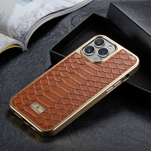 

Fierre Shann Python Texture Electroplating PU Phone Case For iPhone 13 Pro(Brown)