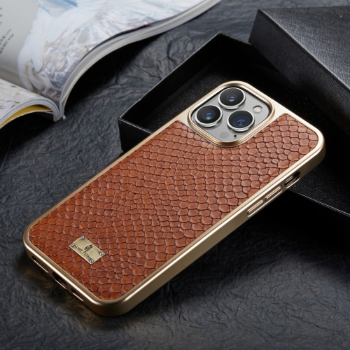 Fierre Shann Snake Texture Electroplating PU Phone Case For iPhone 12 / 12 Pro(Brown)