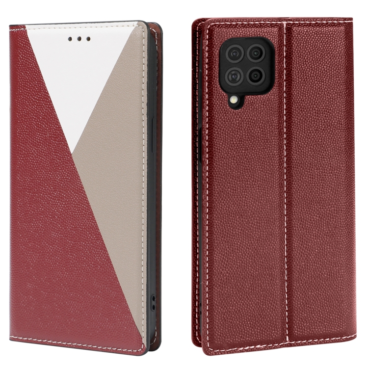 

For Samsung Galaxy A42 5G 3-Splicing Flip Microfiber Leather Phone Case(Red Grey)