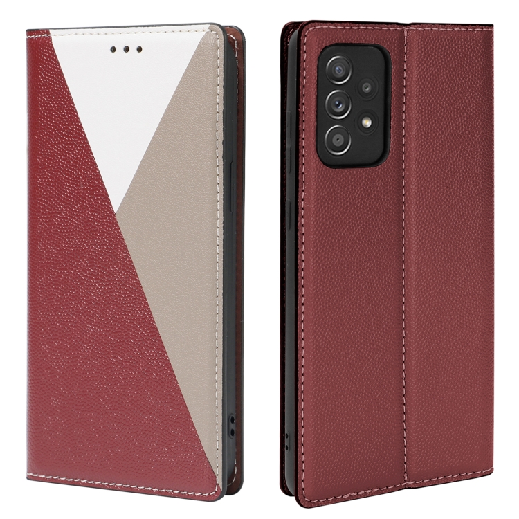

For Samsung Galaxy A72 5G / 4G 3-Splicing Flip Microfiber Leather Phone Case(Red Grey)
