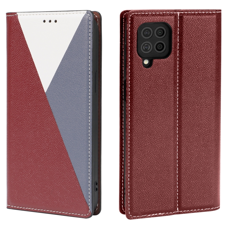 

For Samsung Galaxy F62 3-Splicing Flip Microfiber Leather Phone Case(Red Blue)