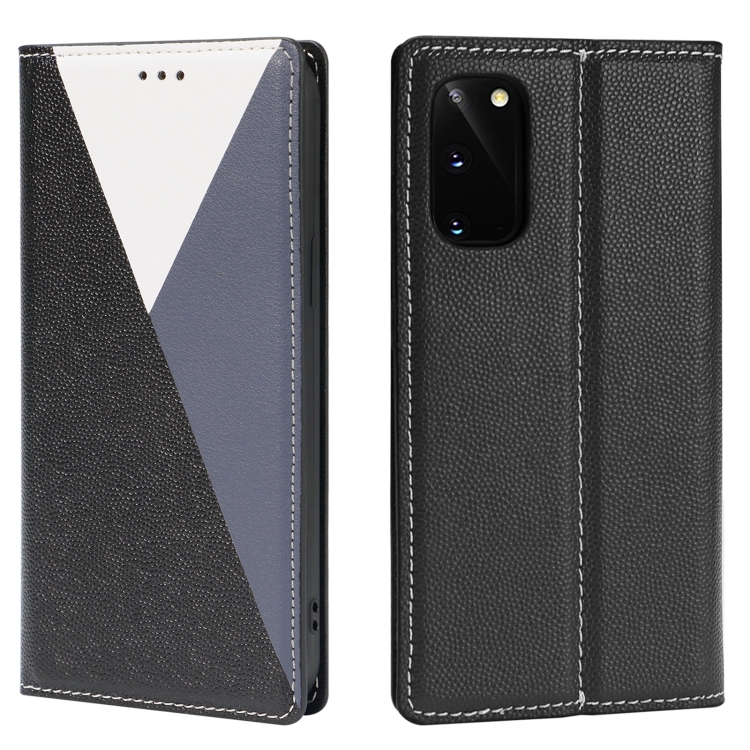 

For Samsung Galaxy S20 3-Splicing Flip Microfiber Leather Phone Case(Black Blue)