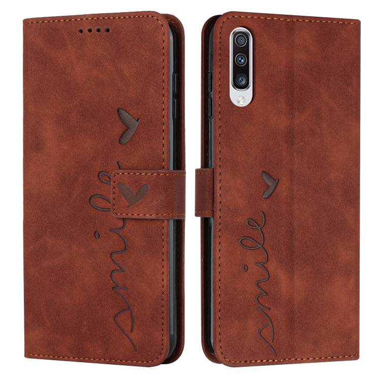 

For Samsung Galaxy A50 Skin Feel Heart Pattern Leather Phone Case(Brown)