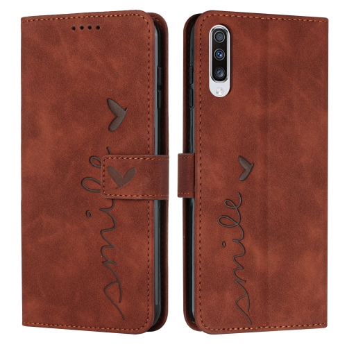 

For Samsung Galaxy A70 Skin Feel Heart Pattern Leather Phone Case(Brown)