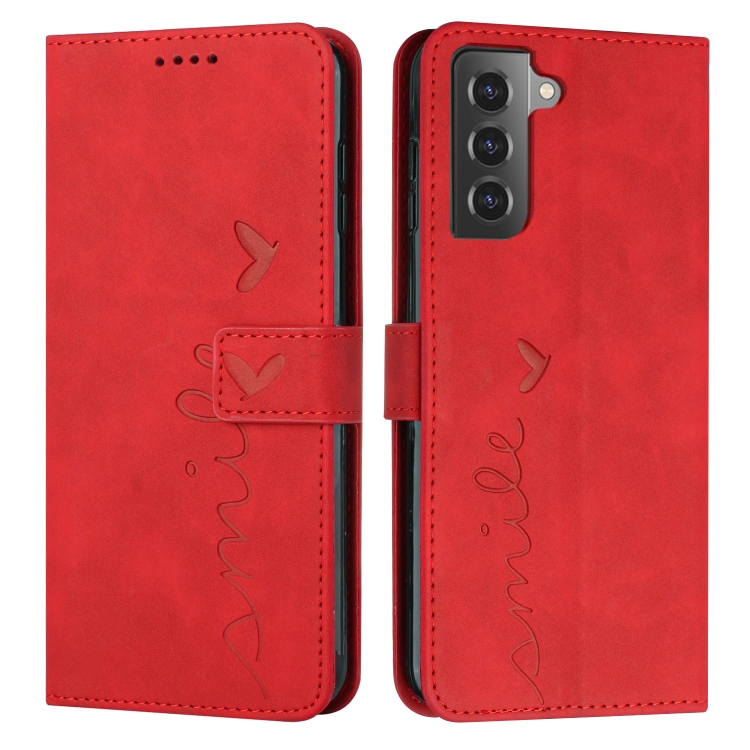 

For Samsung Galaxy S21 FE Skin Feel Heart Pattern Leather Phone Case(Red)