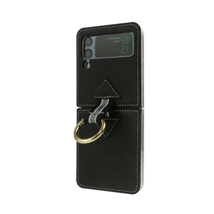 

For Samsung Galaxy Z Flip3 5G Cross Texture Genuine Leather Folding Phone Case(Black)