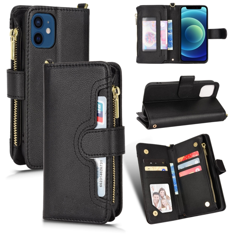 

For iPhone 12 mini Litchi Texture Zipper Leather Phone Case (Black)