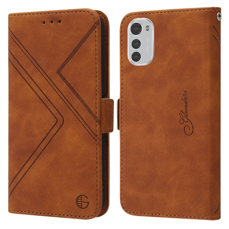 

For Motorola Moto E32 RFID Geometric Line Flip Leather Phone Case(Brown)