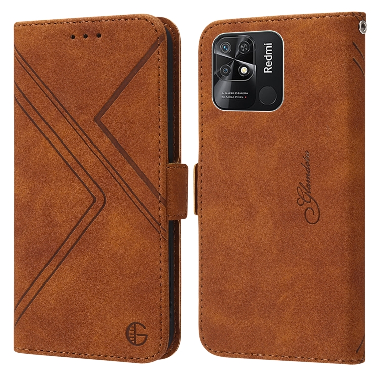 

For Xiaomi Redmi 10C Global RFID Geometric Line Flip Leather Phone Case(Brown)
