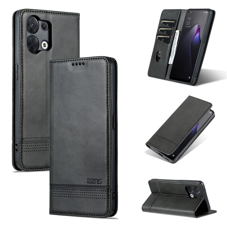 

For OPPO Reno8 AZNS Magnetic Calf Texture Flip Leather Phone Case(Black)
