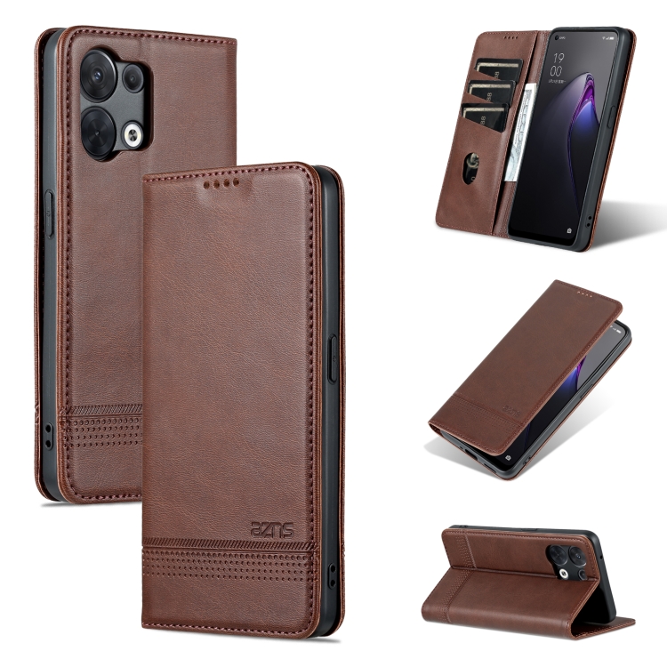 

For OPPO Reno8 Pro AZNS Magnetic Calf Texture Flip Leather Phone Case(Dark Brown)