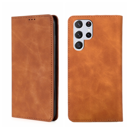 

For Samsung Galaxy S22 Ultra 5G Skin Feel Magnetic Horizontal Flip Leather Phone Case(Light Brown)