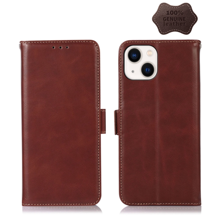 

For iPhone 14 Plus Crazy Horse Top Layer Cowhide Leather Phone Case (Brown)
