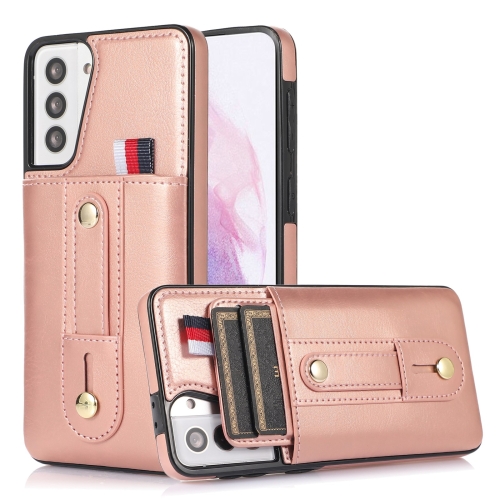 For Samsung Galaxy S21+ 5G Wristband Kickstand Wallet Leather Phone Case(Rose Gold)